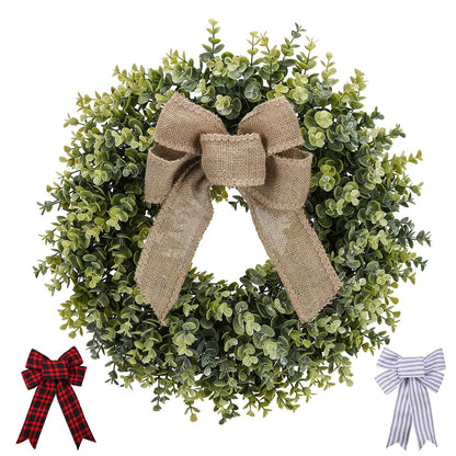 Pansu 19 Inch Boxwood Wreath, 3 Different Bows,Artificial Spring, Summer, Fall, or Winter Wreath ，Weatherproof Indoor/Outdoor Wreaths for Front Door