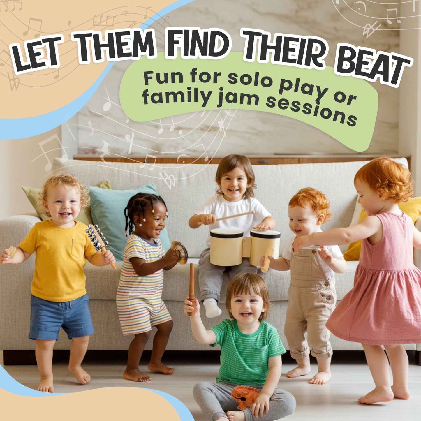 Toddler Drum Set & Musical Instruments for Toddlers – Montessori Wooden Percussion Instrument Set with Bongo Drum, Jingle Bells, Cymbals, Castanet & Guiro | Ages 3+