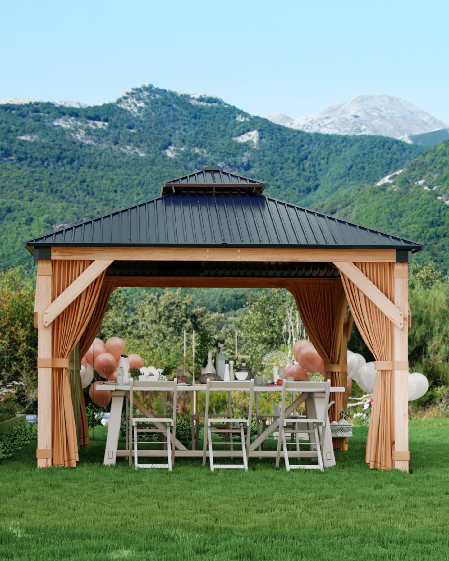 10x12 FT Hardtop Wooden Gazebo with Galvanized Steel Double Roof, Aluminum Frame, Mosquito Netting & Curtains – Durable Outdoor Pavilion for Patio, Backyard, Deck & Lawn