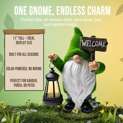 IMPECCABLE GOODS Garden Gnomes Outdoor with LED Solar Light - 11’’ Spring Season Gnome - Funny Decorations, Ornaments - Home, Yard, Patio, Solar Lantern Garden Statues - Housewarming, Birthday