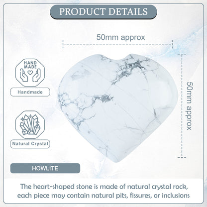 Crocon 50mm Howlite Heart stone Big Heart Shape Puff Stones Set 450+ Carats Pocket Crystal Healing Tumble Collection Palm Worry Stone Good Luck Charm Meditation Gift Craft Home Decor