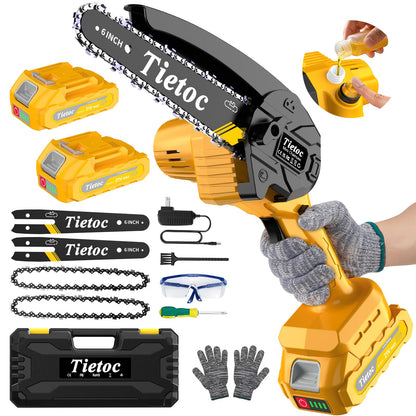 Mini Chainsaw Cordless,6 Inch Portable Electric Chainsaw with 2 Battery 2 Chains,Battery Powered Small Handheld Chain Saw with Automatic Oiler,for Tree Trimming,Cutting Wood,Garden Tool,Gift for Men
