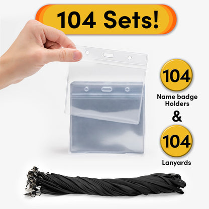 SEE-IT! 104 & 52 Qty Sets Badge Holders with Lanyards Name Tag Holders and Lanyards 3x4 Size Quick Load No Zipper Name Tag Badge id Holder Clear Plastic (104)
