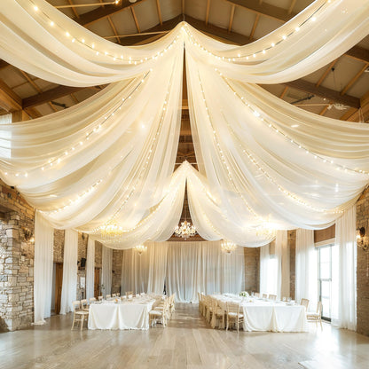 Ivory Ceiling Drapes with Lights - String Drapes for Wedding & Party Decorations - 5ftx10ft Sheer Tulle Curtains
