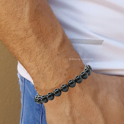 Amazing Gemstone Black Tourmaline Bracelet - Protection Healing Crystal Bracelet - 8mm Gemstone Beaded Adjustable Bracelet Pulseras Para Hombres Mujer Stocking Stuffers (Black Tourmaline Onyx)