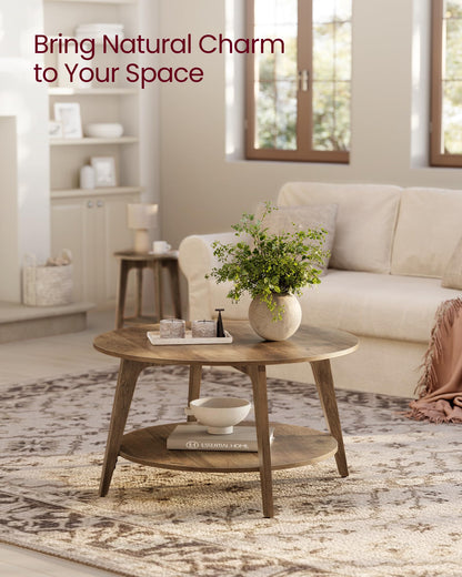 VASAGLE MAEZO Collection - Round Coffee Table, 2-Tier Center Table with Storage, Tapered Legs, Curved Transitions, 31.5 Dia. x 17.7 H Inches, Easy Assembly, for Living Room, Honey Brown ULCT243K41