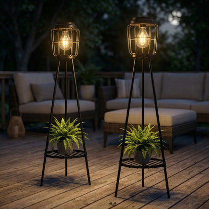 VISFLAIR 2 Pack Solar Lights with Plant Stand, Outdoor Floor Lamp, Waterproof Solar LED Edison Bulb Floor Lamps for Patio Porch Deck Yard Garden Decor