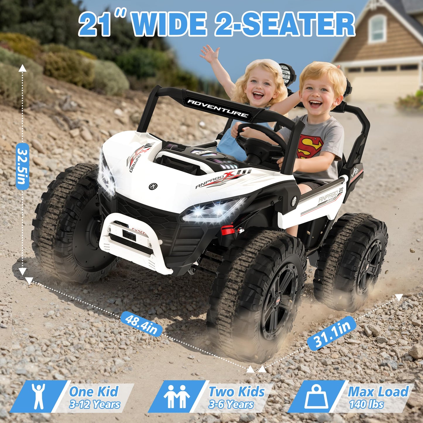 ANPABO 24V Ride On Toys for Big Kids, 2 Seater Ride on Car, 4x200W Kids Electric Car w/Remote, Rainbow Lights, Max 5.1Mph, Shock-Absorbing Springs, Storage, Bluetooth, Gifts for Aged 3-12, White