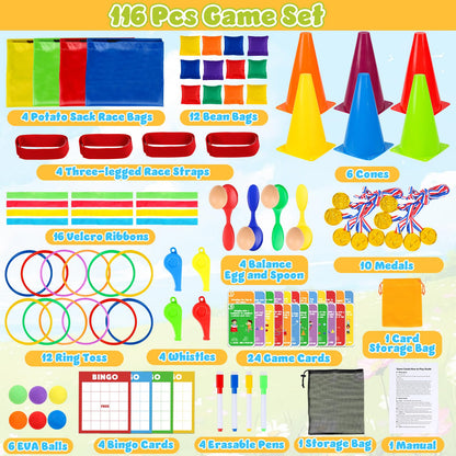 KUBUSFLY Potato Sack Race Bags, 116 Pcs Outdoor Carnival Games for Kids, Lawn Field Day Games Set with Bean Bags, Ring Toss, Cones, Bingo Cards, Carnival Yard for Family Adults Kids Birthday Party