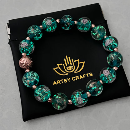 ARTSY Crafts Glow in The Dark Firefly Beads Bracelets, Ocean Blue Luminous Murano Glass Beads Jewelry Mermaid Crystals Healing Inspirational Bracelet Bangle (Ocean Blue, Wrist 6-7 in)