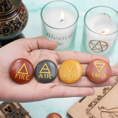 Crocon 4 Elements Assorted Stones Round Shape Engraved Triangle Symbols (Earth Air Fire Water) Polished Palm Stones for Gemstone Reiki Crystals and Healing Stones Meditation Divination Tools Gifts
