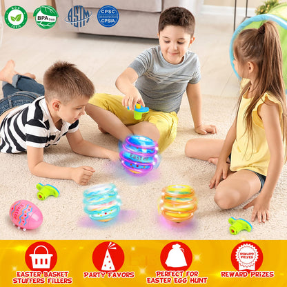 Light Up Easter Egg Toy Gifts for Kids, 6 Pack Easter Egg Spinning Tops with Flash & Music, Egg Fillers Essentials for Children, Glow in The Dark Hunt Prizes Goodie Bag Toys Party Favors