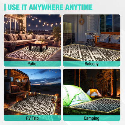 HAUSHOF 5'X8' Outdoor Rug Waterproof with LED Strip Light, Reversible Outdoor Plastic Straw Rug, Patio Rug with 4 Rug Stakes, Outdoor Carpet Mat for RV, Camping, Beach, Porch, Balcony, Black&White