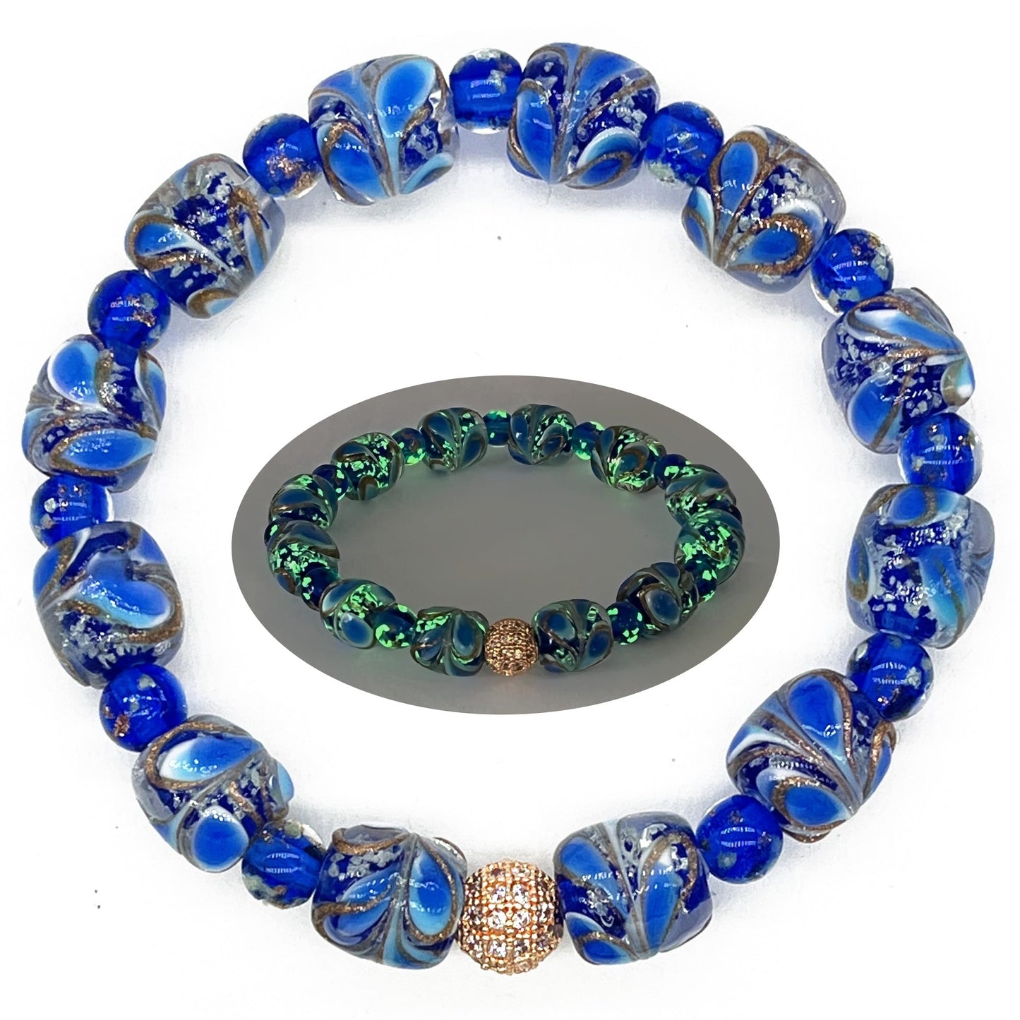 ARTSY CRAFTS INC Peacock Feather Glow in the Dark Firefly Bead Bracelet, Luminous Murano Jewelry Glowing Beaded Bracelet, Stretchy Wristband, Sapphire 6-7"