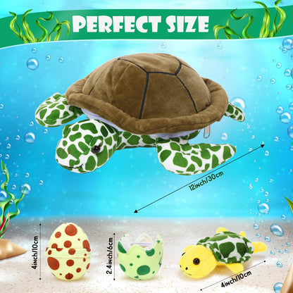 Aoriher 6 Pieces Sea Turtle Stuffed Animal with Babies 12" Mommy Stuffed Sea Turtle with 3 Little Plush 2 Plush Eggs Soft Pillow Tortoise Hugging Gifts for Kids Birthday Baby Shower Party(Modern)