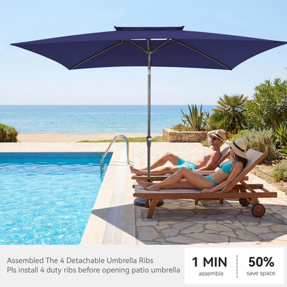 6.6 x 10 ft Rectangular Patio Umbrella, Outdoor Market Table Umbrella with Push Button Tilt and Crank, Double-Tier Vent, 6 Ribs, Rectangle Patio Umbrella for Backyard, Deck, Pool, Fits 4–6 Chairs and Tables (Navy)