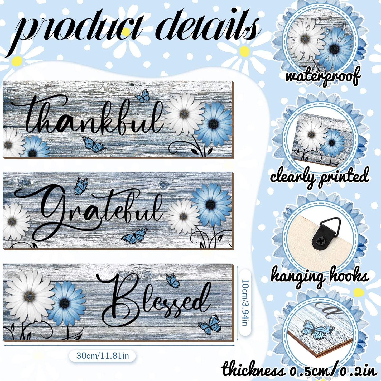 Geetery 3 Pcs Thankful Grateful Blessed Wooden Signs Rustic Daisy Wood Wall Decor Inspirational Wall Art Signs Rustic Wooden Hanging Decorations for Bedroom Kitchen Living Room Bathroom Home (Blue)