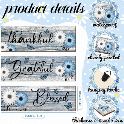 Geetery 3 Pcs Thankful Grateful Blessed Wooden Signs Rustic Daisy Wood Wall Decor Inspirational Wall Art Signs Rustic Wooden Hanging Decorations for Bedroom Kitchen Living Room Bathroom Home (Blue)