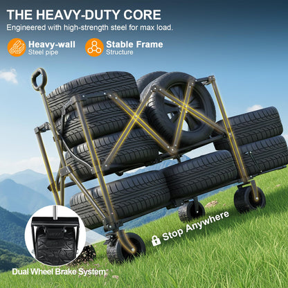 Double Decker Wagon Heavy Duty Collapsible, 600LBS 400L Capacity Foldable Utility Cart with Big Wheels for Beach, Outdoor, Camping & Gardening, Durable Steel Frame