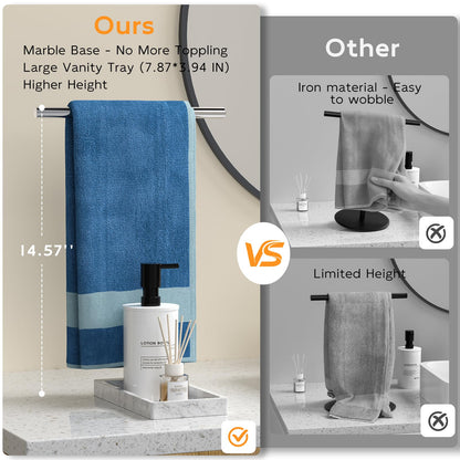 Volnamal Hand Towel Holder, 2 in 1 T-Shape Hand Towel Stand for Bathroom with Marble Base Tray, Hand Towel Rack Standing for Vanity Kitchen Countertop, Stainless Steel (Brushed)