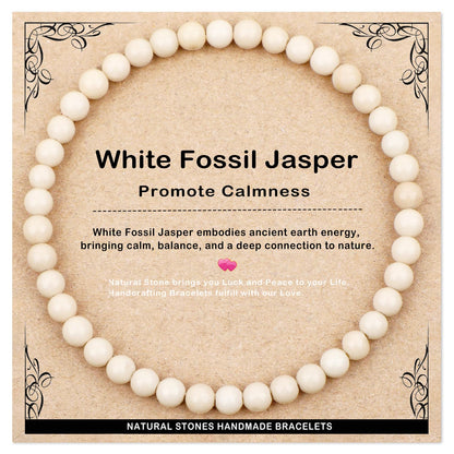 AD Beads 4mm Handmade White Fossil Jasper Elastic Bracelet – Natural Gemstone for Promote calmness – Meditation, Yoga, Healing and Energy Gift for Men Women