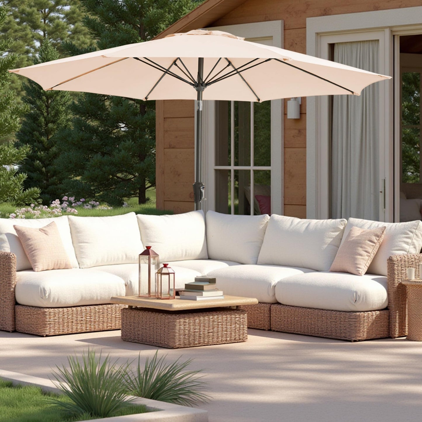 GREFORG 9FT Large Outdoor Patio Umbrella Market Table Umbrella-UV Resistant, Easy Push Button Tilt and Crank, 8 Sturdy Ribs Heavy-Duty Pool Umbrella for Deck,Beige