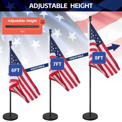 American Flag with Pole and Stand - Heavy Duty 1" Free Standing Indoor Flagpole Set with 3x5ft Embroidered US Flags,Weighted Base, 6-8 FT Adjustable Portable For Office, Church,School (Black)