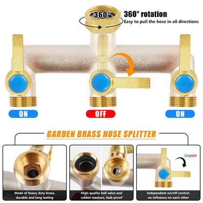 Upgraded Brass Garden Hose Splitter, 3/4" Hose Splitter 3 Way Heavy Duty with Extension Handles, Outdoor Faucet Splitter Water Spigot Splitter with Individual On/Off Valve