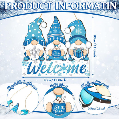 Panelee Winter Welcome Door Sign Gnome Hanging Decoration Let It Snow Wooden Gnome Sign Blue Snowflake Door Hanger with Rope Hanging Decoration for Front Porch Home Winter