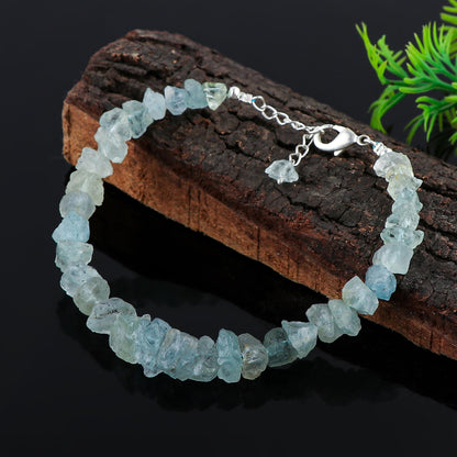 CRYSTALINES Natural Raw Aquamarine Gemstones Bracelets, Healing Crystals, Rough Stones, Handmade Women Jewelry, March Birthstones, Silver Chain-8inch, Christmas Women Gift
