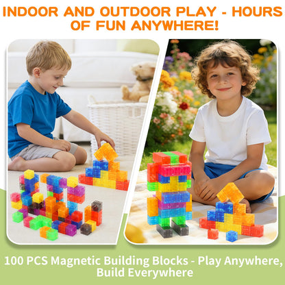 BananMelonBM 100 PCS Magnetic Blocks - Transparent Rainbow Magnetic Cubes Building Toys for Kids Ages 1-3 2-4 4-8, STEM Learning Preschool Educational Sensory Magnet Toys for Boys Girls