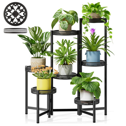 NQW 7 Tier Large Metal Plant Stand Indoor Outdoor with 7.9 Inch Wide Tray, Tiered Corner Plant Stand, Flower Display Holder Shelf, Folding Tall Rack for Patio Porch Balcony Living Room Garden - BlackWave