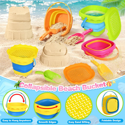 OCHIDO 4 Pack Collapsible Beach Toys for Kids Toddlers, Sand Toys with 4 Collapsible Beach Bucket with Sifter, 4 Beach Shovel and Storage Mesh Bag, Travel Sandbox Toys Beach Essentials for Age 3-10