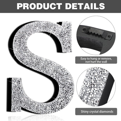 Qunclay Silver Crystal Diamond Bling Letters Crushed Diamond Decoration Wooden Glitter Letter with Screw and Hooks Rhinestone Gift for Wedding Y2k Mcbling Bedroom Wall Decor(Letter S,5.7"l X 5.7"w)