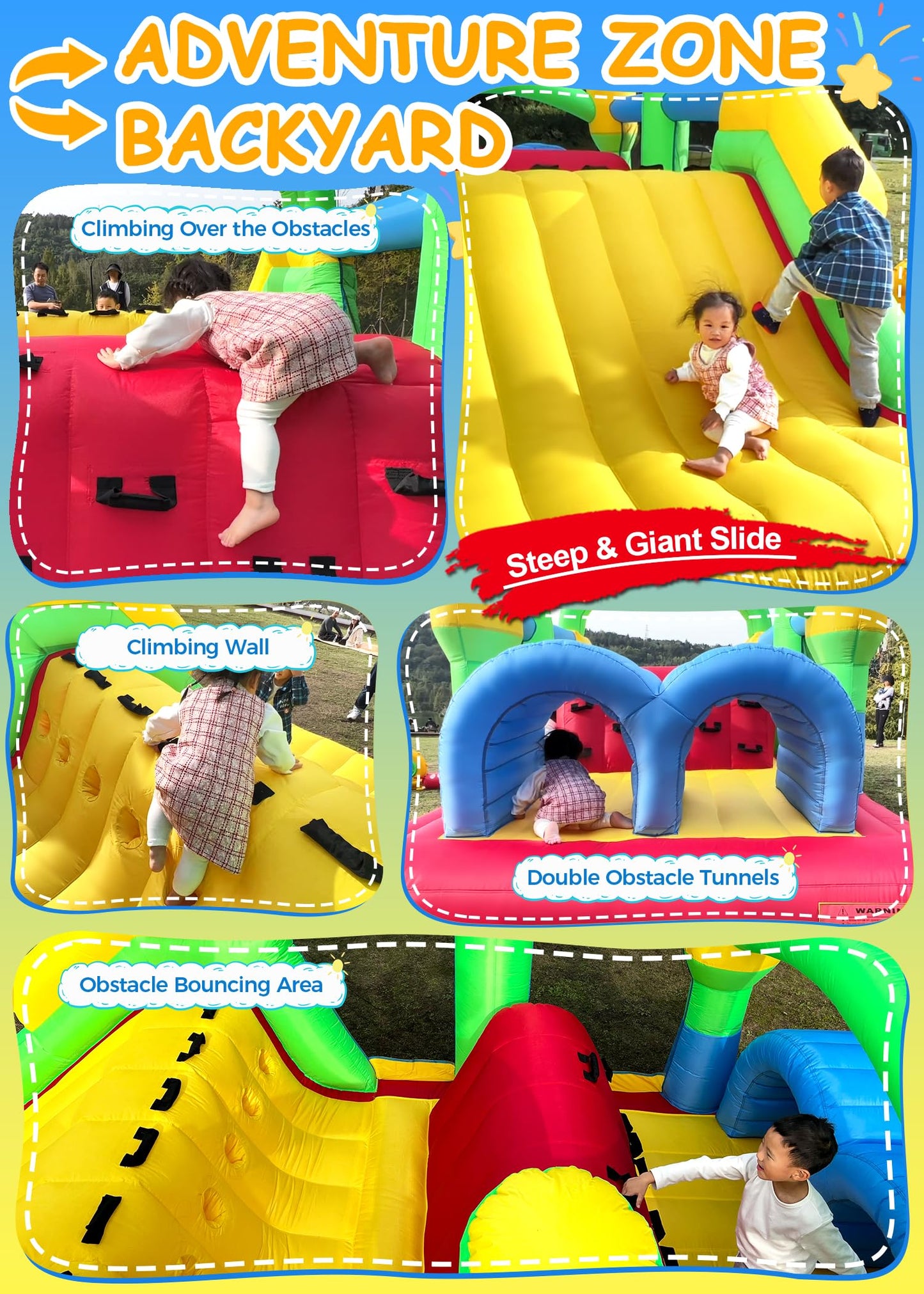 Whubefy 18x8.2FT Giant Inflatable Bounce House Obstacle Course for Big Kids 3-6 8-12 with Extra Large Slide, Racing Crawl Tunnels, Blow Up Race Track Bouncy Castle w/ 680W Blower for Backyard Outdoor