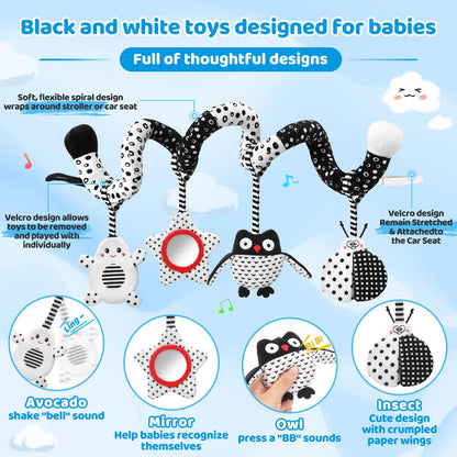 AJsupojouet High Contrast Baby Toys - Black & White Hanging Toys for Car Seat, Stroller & Crib | Newborn Essentials 0-6 Months | Perfect
