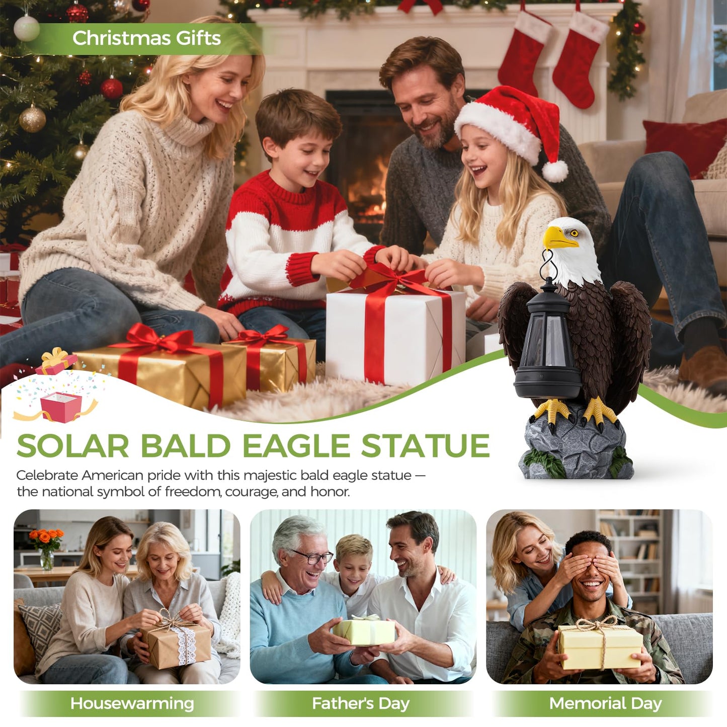 YDKOJGW 250 Anniversary USA Bald Eagle Garden Statue,Solar Garden Outdoor Statues Bald Eagle with Light, Lawn Decor Statue for Patio, Balcony, Yard Ornament,Home Decor Gift for Men Father