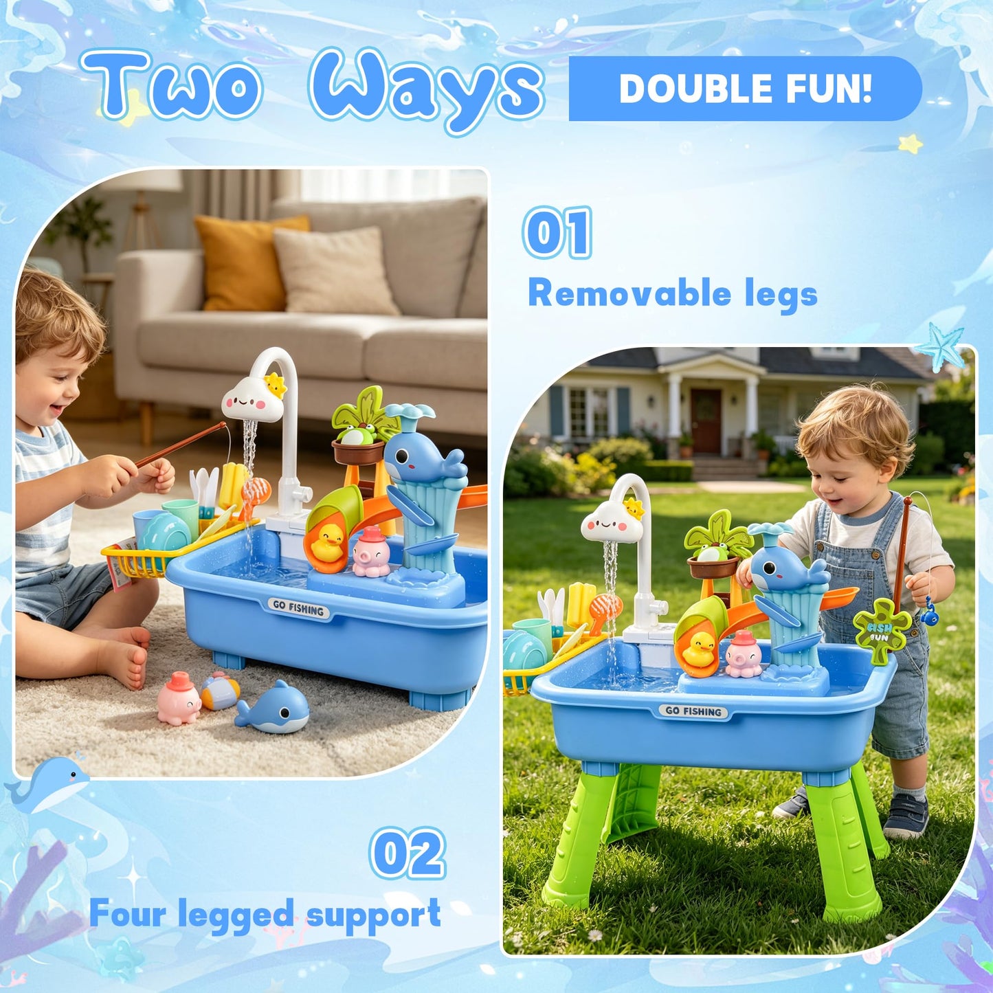 Upgraded Toddler Sand Water Table Toy with Electric Water Pump, Kids Sand Water with Faucet/Play Food Accessories/Fishing Toy, Kitchen Play Sink Toys for Girl Boy Age 3+ (Blue-Cloud)