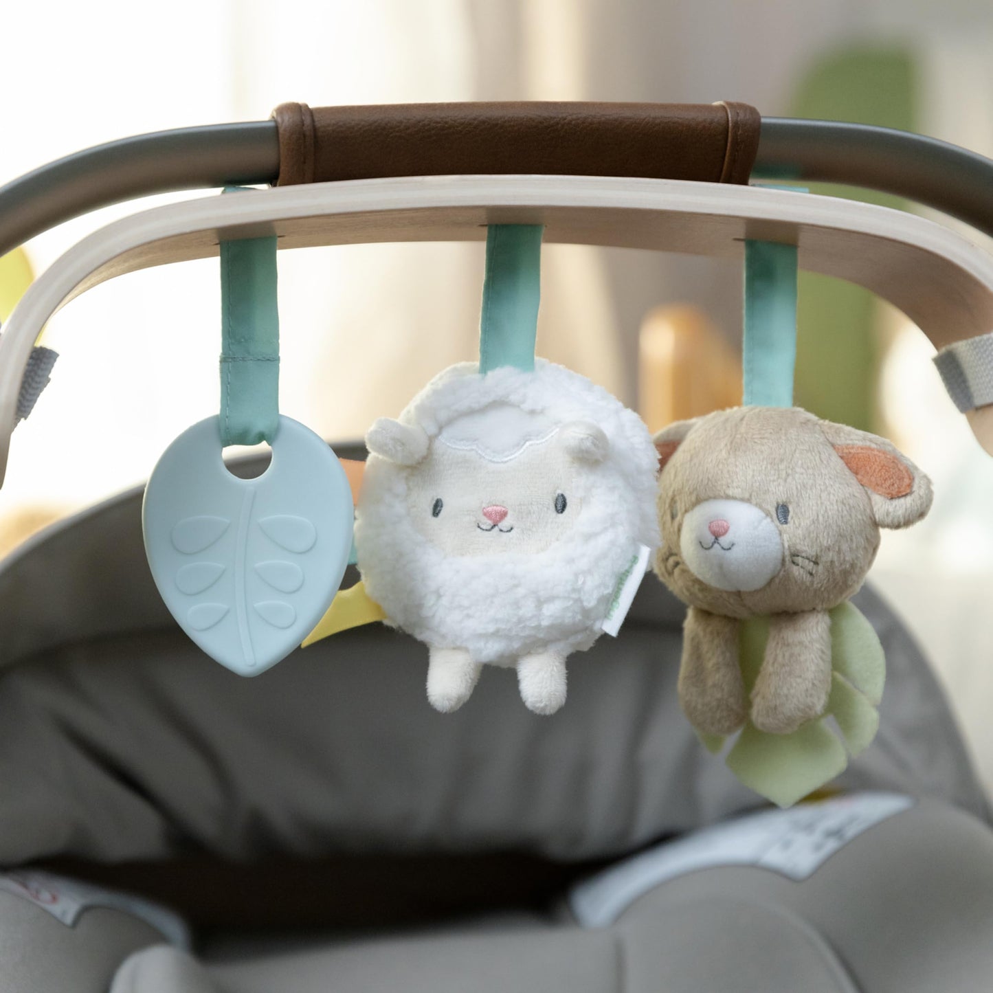 Ingenuity Soothing Essentials Wood Carrier Toy Bar, Montesorri-Inspired, 3 Removable Toys, for Ages 0-12 Months