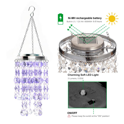 Glitzhome 18.75”H Wind Chime for Outside Solar Wind Chime Hanging Decorative Transparent Acrylic Jewel Beads with Blue LED Light Battery Operated Mini Chandelier for Home Garden Patio Yard