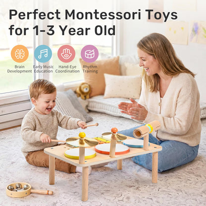 WINGYZ Kids Drum Set – 9-in-1 Montessori Toys for 1-3 Year Old & Wooden Musical Instruments for Toddlers, Baby Musical Toys with Drums, Xylophone, Helps Hand-Eye Coordination, Gift for 1-3 Boys Girls