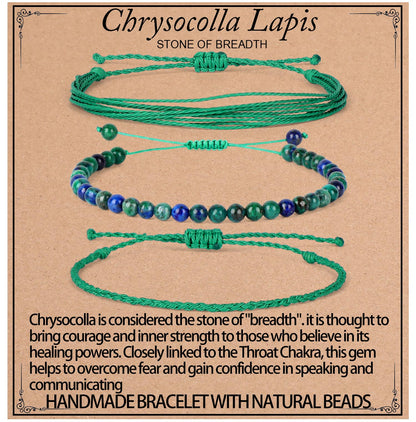QOGIR Handmade Healing Stones Bracelets, 4mm Natural Chrysocolla Lapis Beaded Bracelets for Men Women Gifts with 2PCS Size Adjustable Rope Bracelets