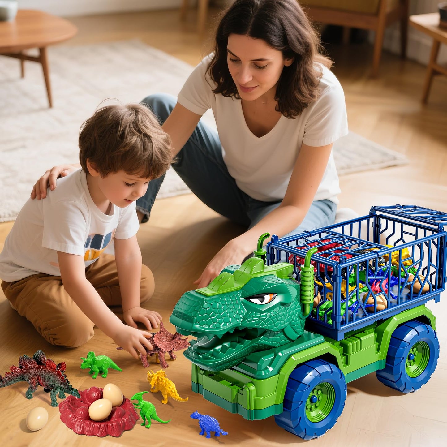 Guminnara 22 in 1 Toddler T-rex Dinosaur Truck Toy Set for Kids Boys 3-5 5-7, Tyrannosaurus Carrier Transport Truck with 18 Jurassic Dino Figures, Birthday Toy for Boys Girls 3 4 5 6 7 Years Old