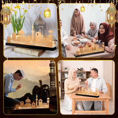 MorningRo Ramadan Mubarak Decorations Islamic Candle Holder with 5 Tea Candles Eid Mubarak Metal Sign with Wood Base Ramadan Kareem Table Centerpieces Eid Al Fitr Muslim Party Gifts
