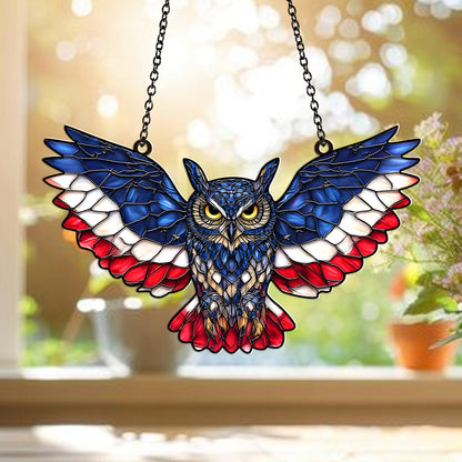 American Flag Owl Suncatcher Acrylic Suncatcher Window Hanging Ornament Patriotic Owl Decor for Home, Garden, Office 4th of July Gifts Bird Ornament for USA Lovers, Veterans, Nature Fans