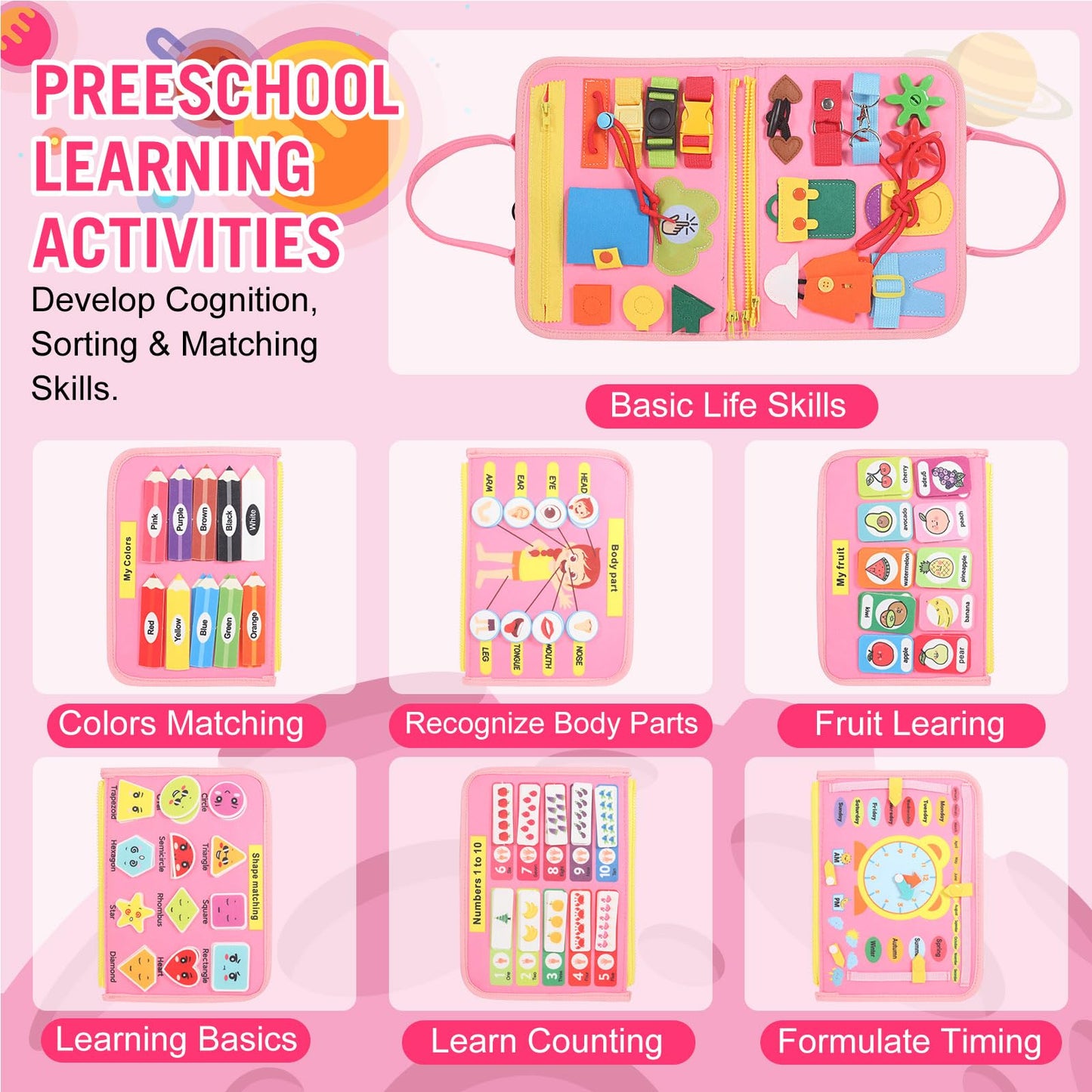 URBAN TOYS Montessori Busy Board - Ideal Busy Book Toddler Toys & Gifts for Boys & Girls, Toddler Travel Essential for Airplane & Car, Sensory Toys, Great for Baby Gifts for Boys