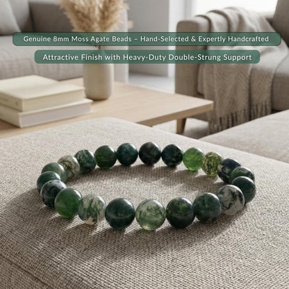 Cherry Tree Collection Moss Agate Beaded Bracelet – Genuine 8mm Gemstone Stretch Bracelet for Men & Women – Handmade Crystal Bracelet - (Moss Agate - M)