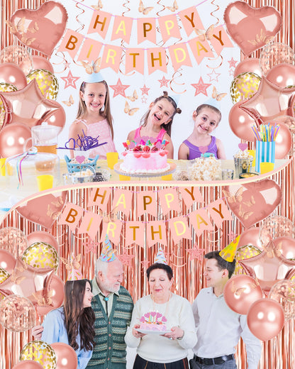 Lutoys Rose Gold Happy Birthday Party Decorations, Happy Birthday Banner, Rose Gold Foil Heart Star Confetti Balloons Curtain Backdrop Hanging Swirls Party Decor for Girls Women Princess