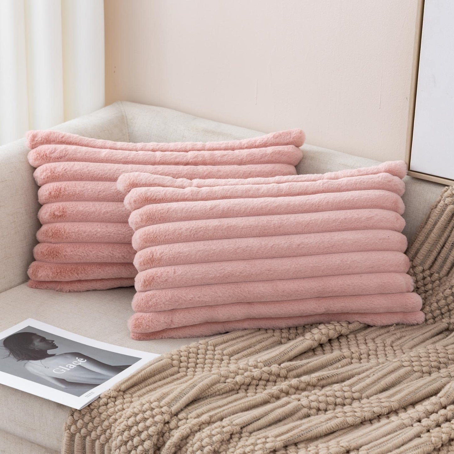 ZLINA Set of 2 Baby Pink Faux Fur Decorative Throw Pillow Covers Fluffy Striped Pillowcase Cushion Covers 12 x 20 Inch Decor Sofa Couch Bedroom