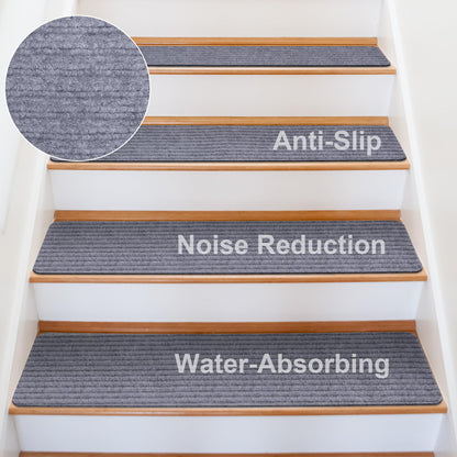 15 PCS Non Slip Stair Treads for Wooden Steps – 8"x30" Indoor Non Slip Stair Treads, Carpet Stair Mats with Self-Adhesive Backing, Removable & Machine Washable – Light Grey